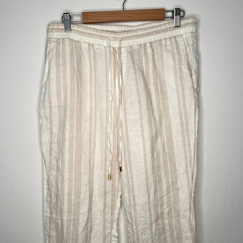 Ellen‎ Tracy Linen Pants Women Size M Tan White Striped Drawstring Straight Leg - Picture 5 of 10